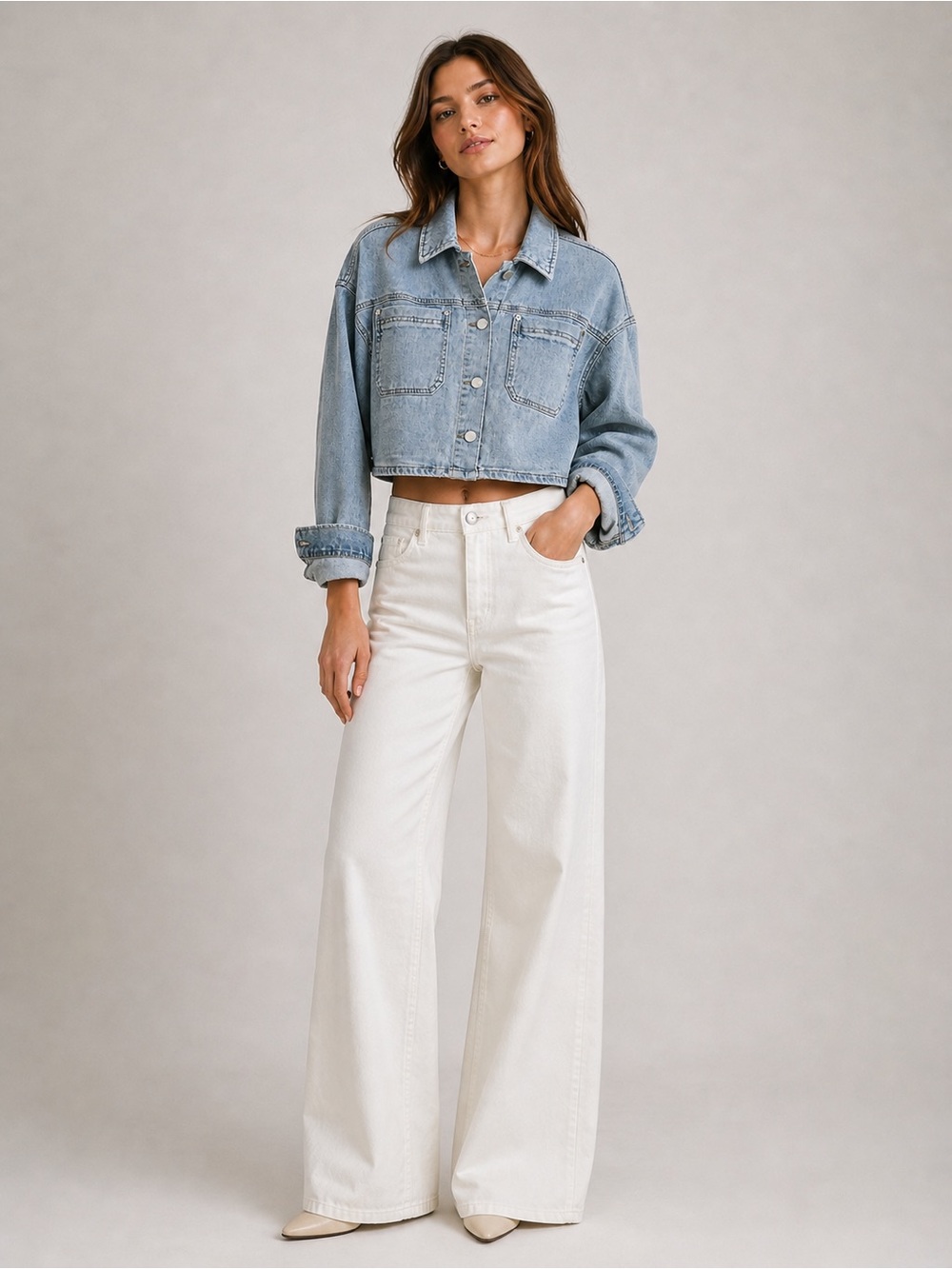 Industry Cropped Denim Jacket Women Medium Light Wash Button Front Trendy